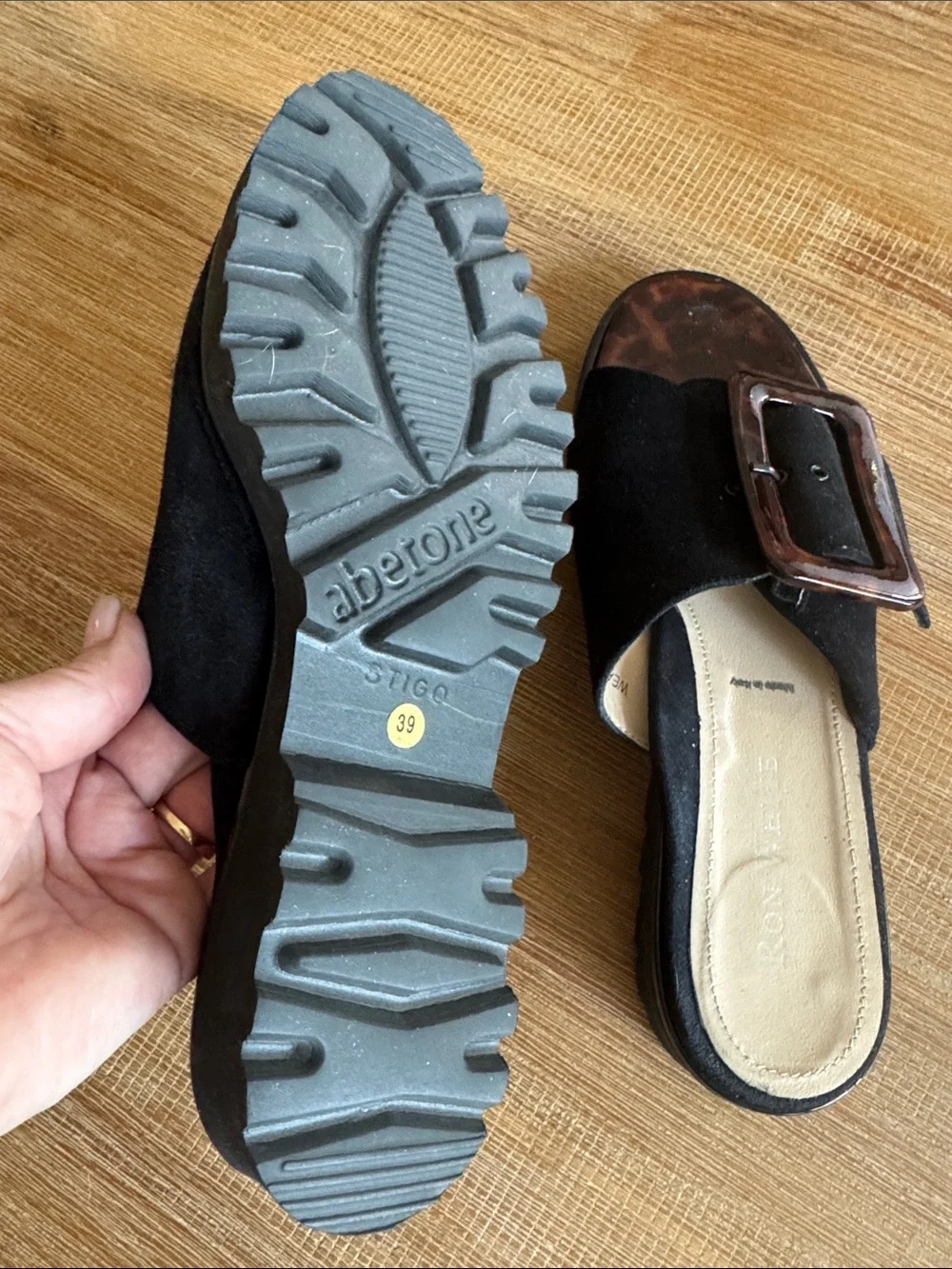 Ron White Candra Lug Slide Sandals Black Suede Tortoise Buckle EU 39 US 8.5